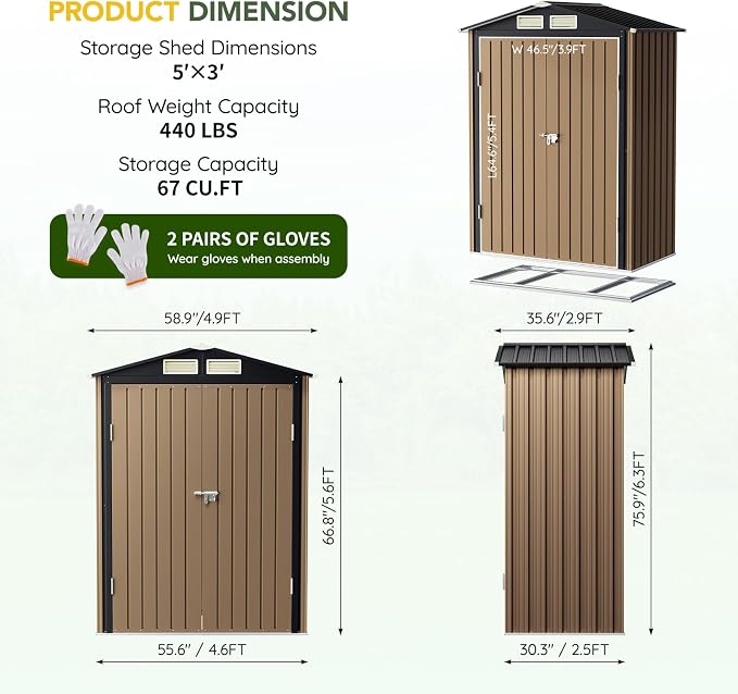 5x3FT Outdoor Steel Storage Shed - Image 3