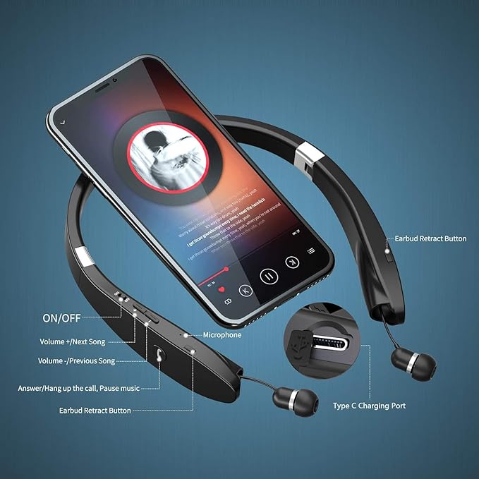 AMORNO Foldable Bluetooth Headphones Wireless Neckband Headset - Image 2