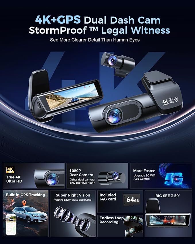 K600 4k Dash Cam Front and Rear, 3.59" IPS Screen, Built-in GPS 5G WiFi Dash - Image 2