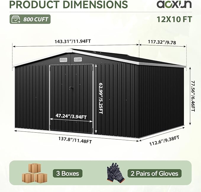 Aoxun 12x10 FT Shed Metal Outdoor Waterproof Storage Shed Steel Utility Garden - Image 2