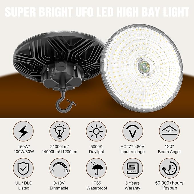 9 Pack 480V LED High Bay Light UL DLC Listed UFO Light 150W 100W 80W Adjustable - Image 2