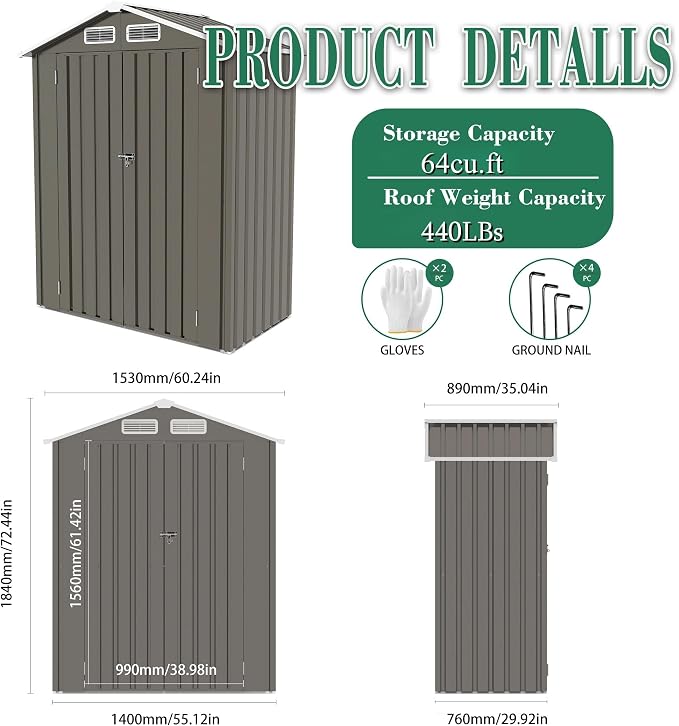 5x3x6FT Outdoor Storage Shed, Galvanized Steel Garden Shed - Image 6