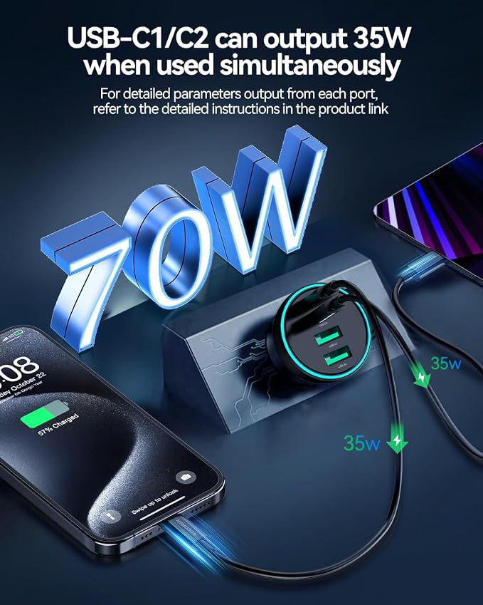 70W USB C Car Charger, Rocoren 4-Port PD Super Fast Charging Type C Car Charger - Image 2
