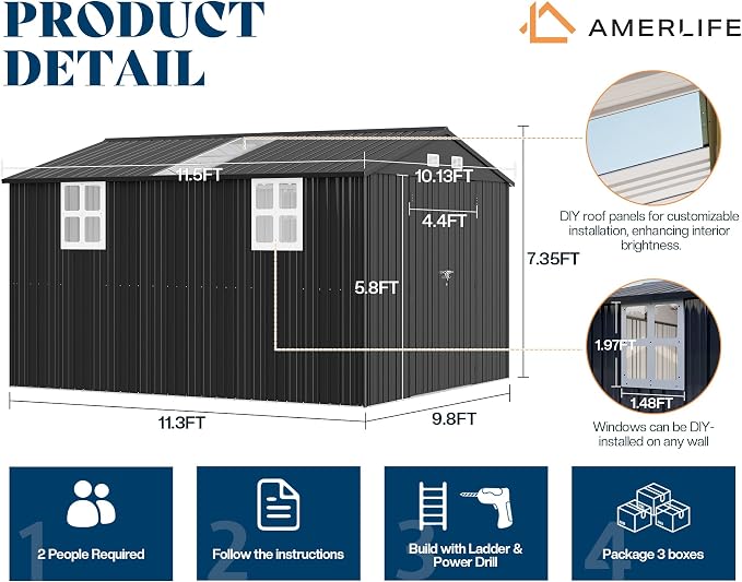 AMERLIFE 10.1x11.5x7.4 FT Galvanized Steel Storage Shed - Image 2
