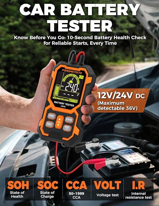 12V 24V Car Battery Tester, POROMETISTO CBT01 Automotive Battery Checker - Image 2