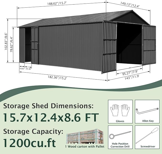 Domi 12’x15’ Outdoor Metal Garage Shed, Weatherproof Enclosed Carport - Image 2