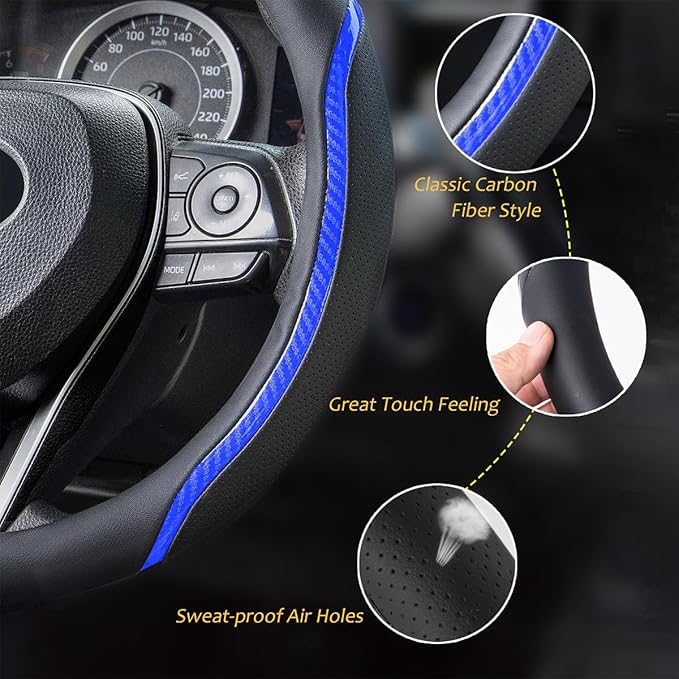 Steering Wheel Cover Blue, Carbon Fiber Car Steering Wheel Covers - Image 3