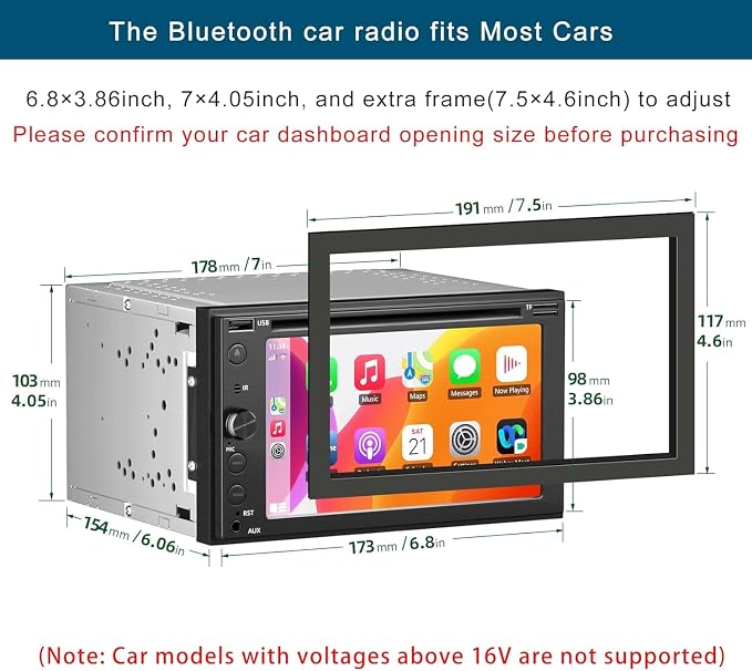 Double Din Car Stereo with CD/DVD Player Apple Carplay & Android Auto, 6.2Inch - Image 3