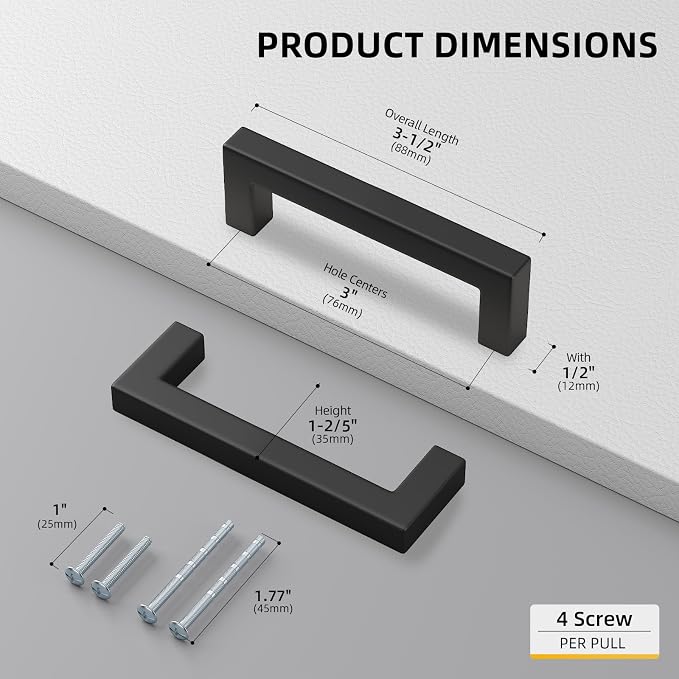 Goldenwarm 2Pack Black Square Bar Cabinet Pull Drawer Handle Stainless Steel - Image 2