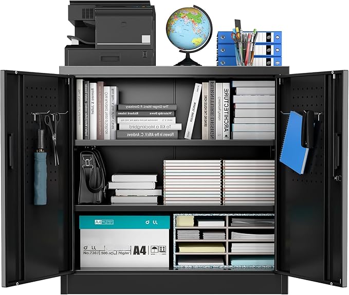 Metal Storage Cabinet with Pegboard 31.5”H×31.5”W×16.5”D, Lockable Rolling - Image 3