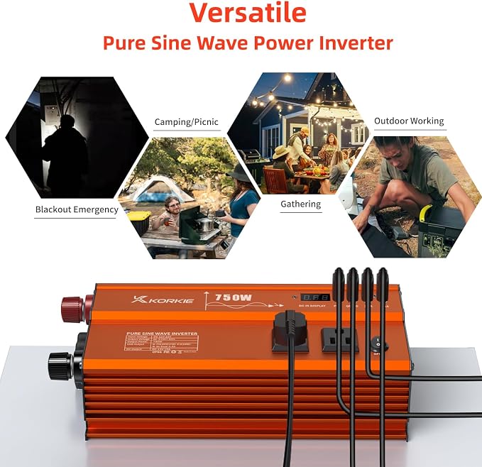 750W Pure Sine Wave Inverter, Car Power Inverter, 12V DC to 110V AC Power - Image 5