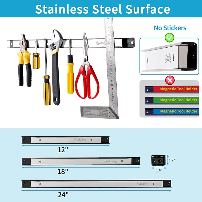 6 Pieces 24" Magnetic Tool Holder Strip, Stainless Steel Surface Tool Magnet Bar - Image 4