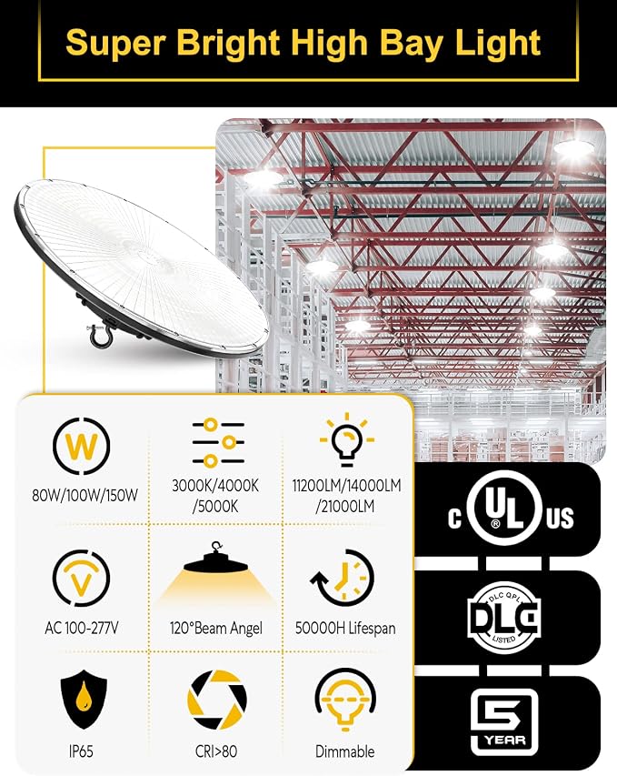 UFO LED High Bay Light, 150W/100W/80W Adjustable, 3000K/4000K/5000K, UL & DLC - Image 4
