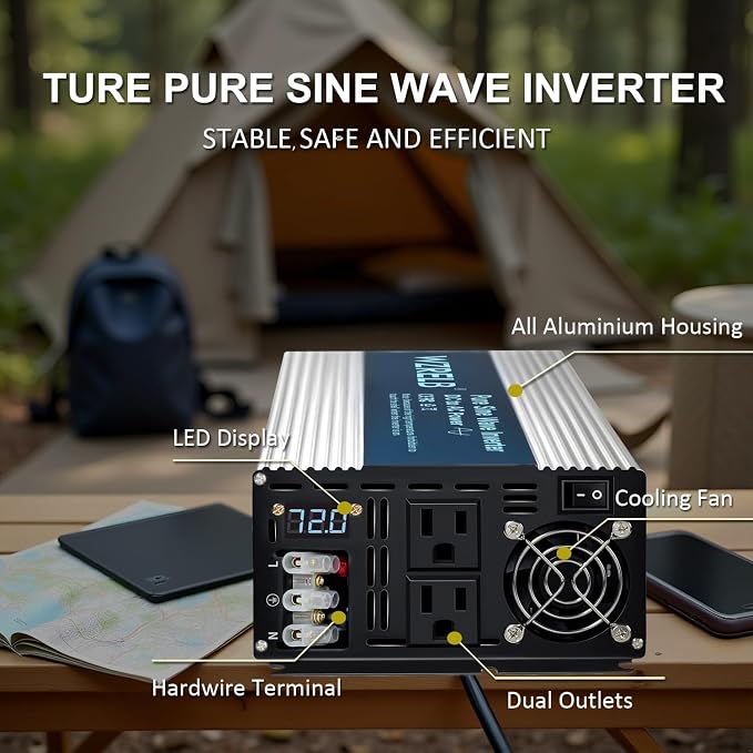 WZRELB 3500W Pure Sine Wave Inverter, Car Power Inverter 72V DC to 110V 120V AC - Image 2