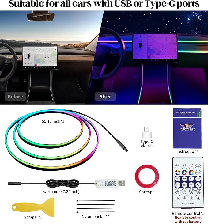 KENANEK Acrylic Interior Car LED Strip, 55.12-inch USB/Type C Interface - Image 3
