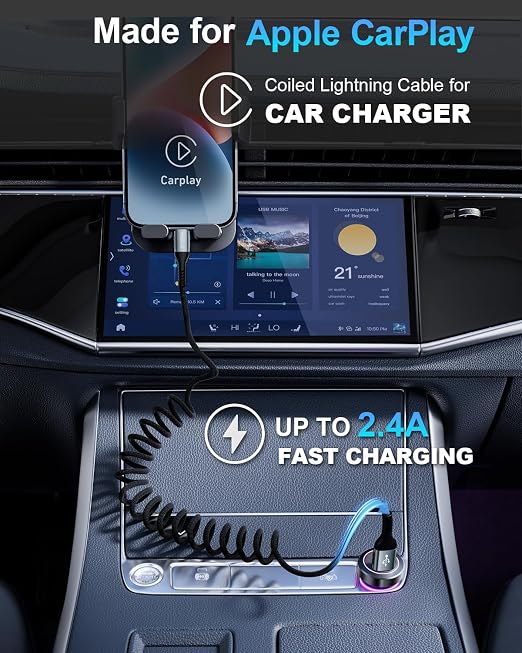 USB to Lightning Cable for Car 6FT, Coiled iPhone Charger Braided Lightning - Image 2