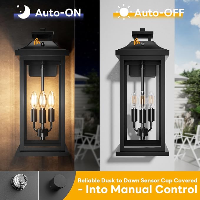 20" Large Dusk to Dawn Outdoor Lights 3-Light, 2 Pack Black Modern Exterior - Image 2