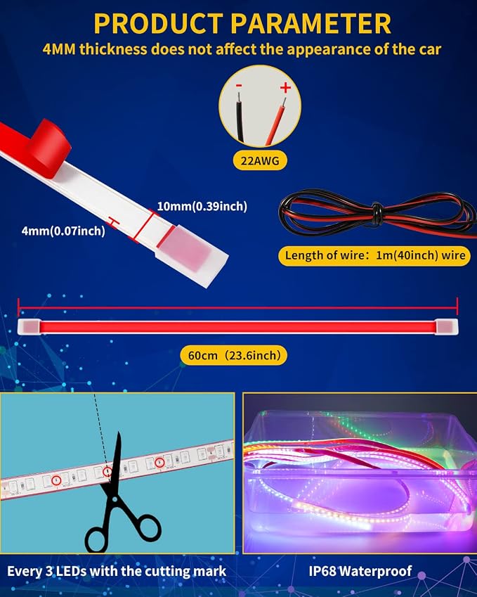Green Led Strip Lights, 24inch 12V Interior Light Strip IP68 Waterproof Cuttable - Image 4