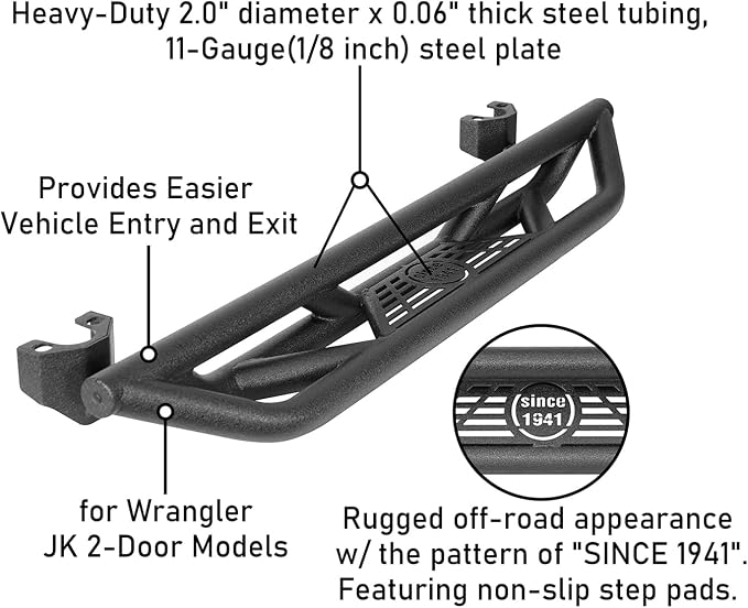 u-Box JK 2-Door Side Steps Running Boards, Drop Tubular Nerf Step Bars - Image 6