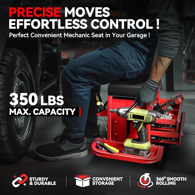 Auto Dynasty 3-Drawer Mechanic Rolling Seat, 350 LBS Capacity Roller Garage - Image 2