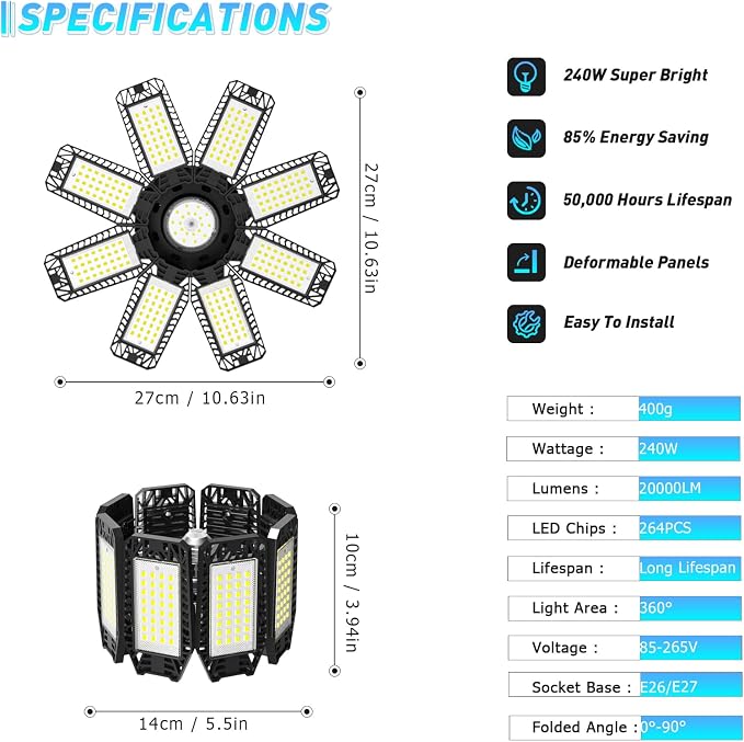 Garage Light - 240W 24000LM 6500K Garage Lights Ceiling LED - Image 4