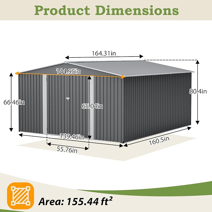 Outdoor Storage Shed, 12 X 14ft Metal Galvanized Steel Garden Shed - Image 2