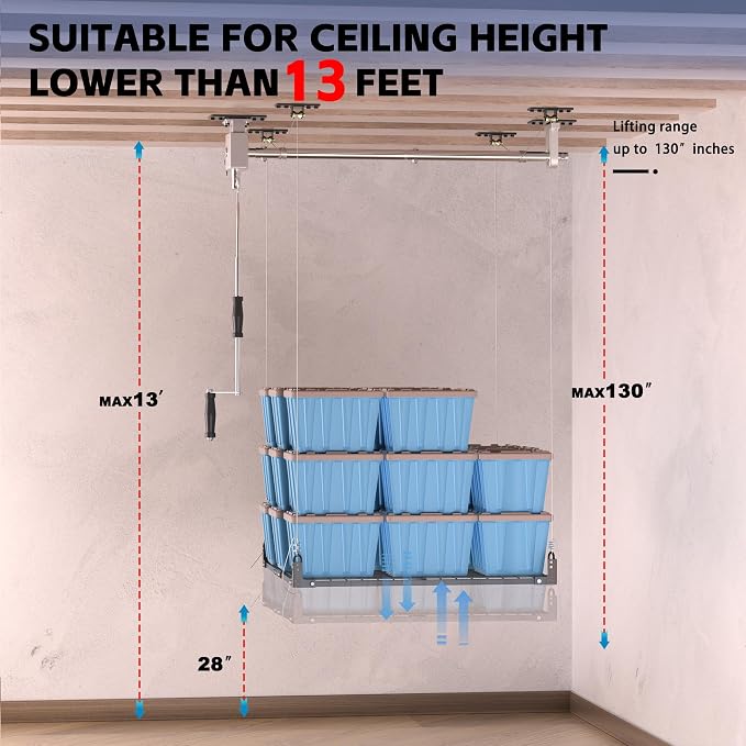 Overhead Garage Storage Rack, 4x4FT Ceiling Storage Racks Lift, Adjustable - Image 8