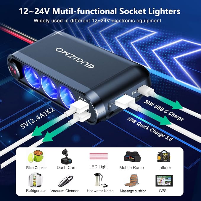 12V Cigarette Lighter Socket Splitter, 200W 3 Socket Multi Port Car Cigarette - Image 6
