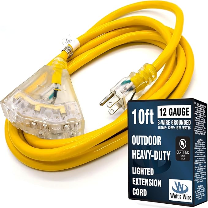 10 ft - 12 Gauge Heavy Duty Extension Cord - 3 Outlet Lighted SJTW - by WattsWire