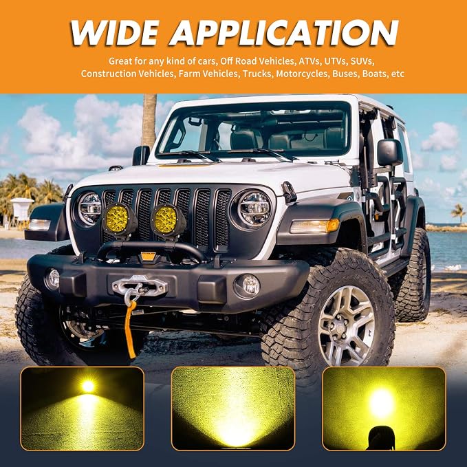 YCHOW-TECH 2PCS 4 Inch LED Amber Fog Lights 90W Yellow Round Offroad Light Bar - Image 6