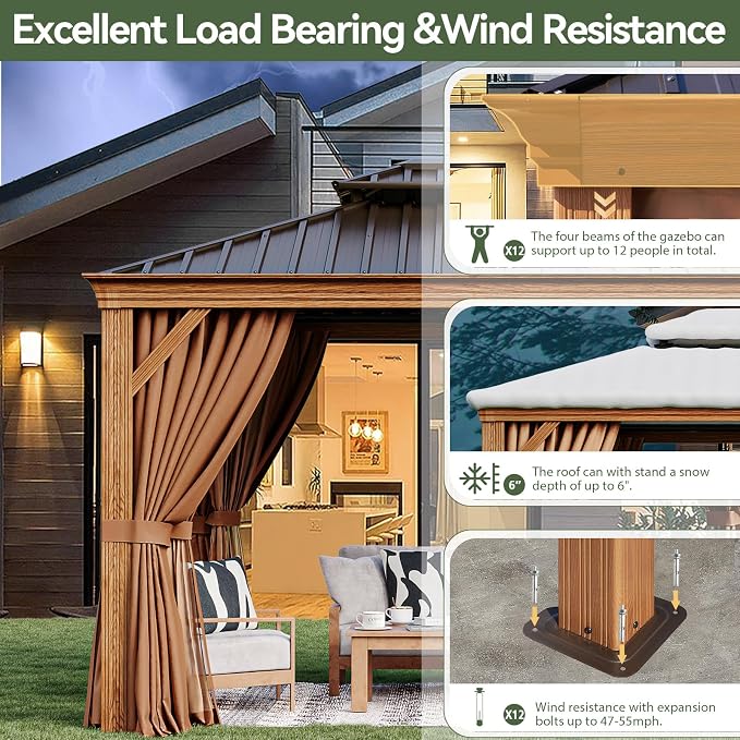 Aoxun 10' x 12' Hardtop Gazebo, Wooden Finish Coated Aluminum Frame Canopy - Image 6