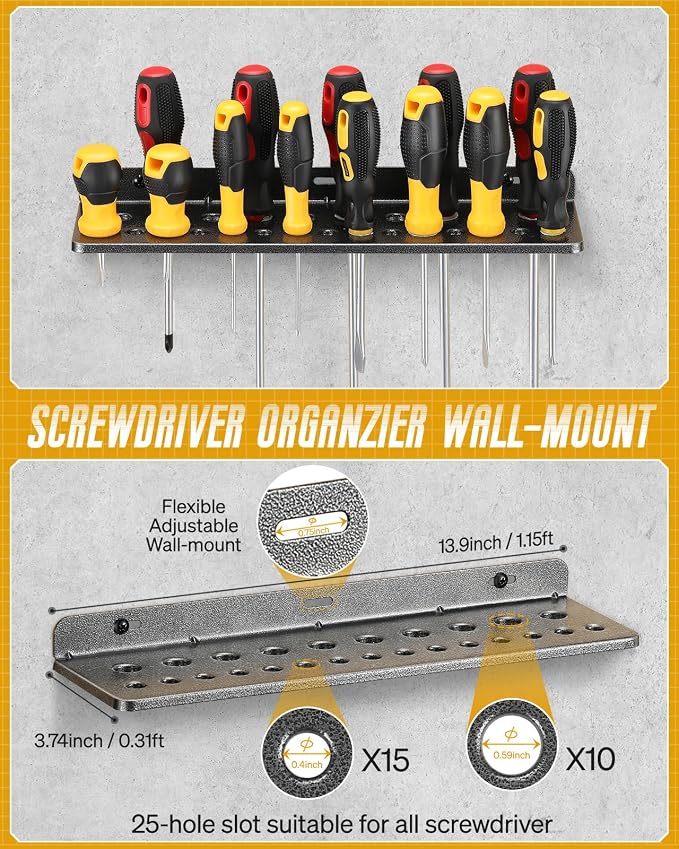 Wall Mount Screwdriver Organizer, Pliers Holder, Hammer Rack, 17x8.5-inch - Image 2