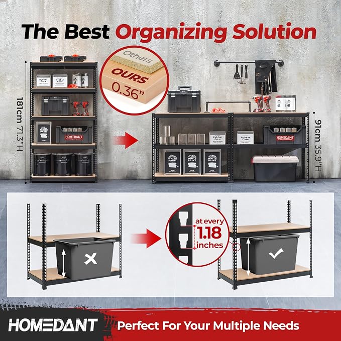 HOMEDANT 5-Tier Laminated Boltless Heavy Duty Metal Shelving Unit Adjustable - Image 3