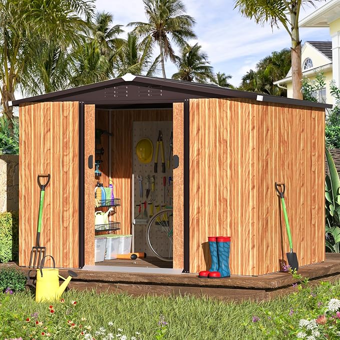 U-MAX Shed 8x6 Woodgrain Outdoor Storage Shed, Metal Outside Storage Garden by U-MAX