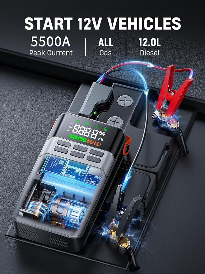 8-in-1 Car Jump Starter with Air Compressor, 5500A Portable Jump Starter Pack - Image 2