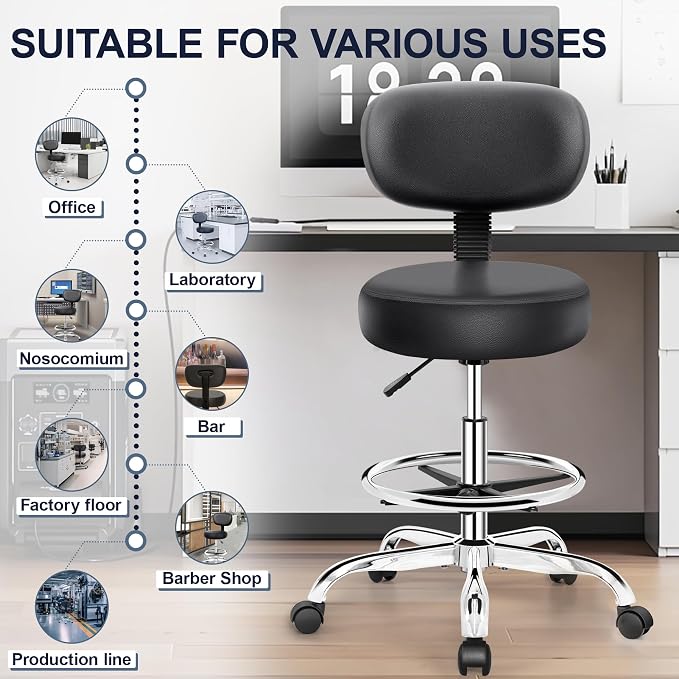 Drafting Chair with Backrest – Adjustable Foot Rest Rolling Stool with Wheels - Image 8