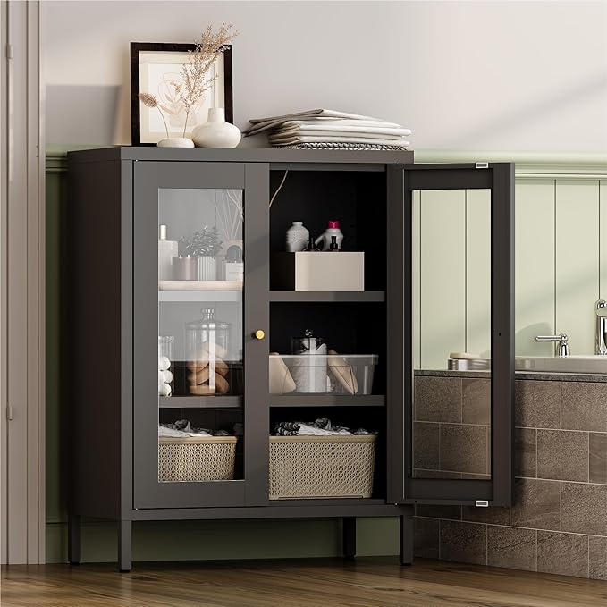 Metal Bathroom Cabinet with Glass Doors, Bathroom Floor Storage Cabinet with 2 - Image 3