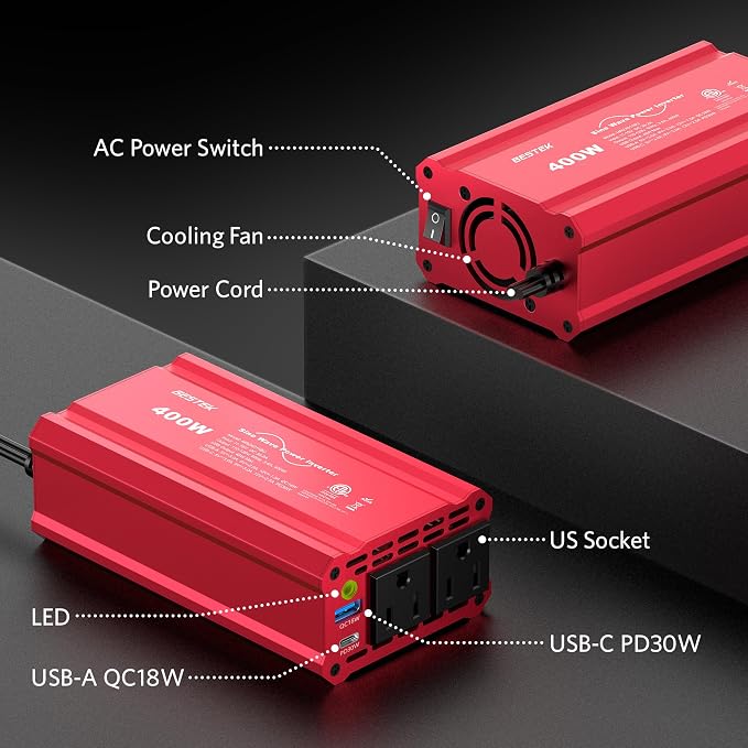 BESTEK 400W Car Power Inverter DC 12V to AC 110V Car Plug T-Type Sine Wave - Image 5