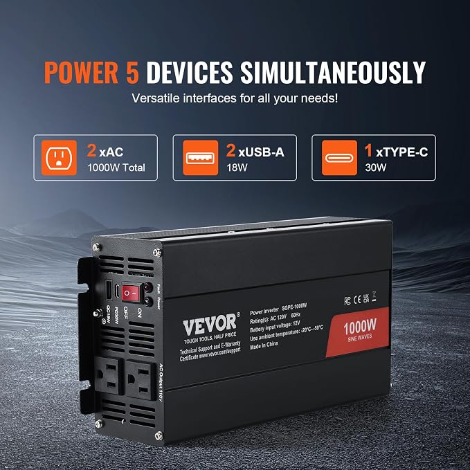 VEVOR 1000W Pure Sine Wave Inverter, DC 12V to AC 120V Power Inverter - Image 4