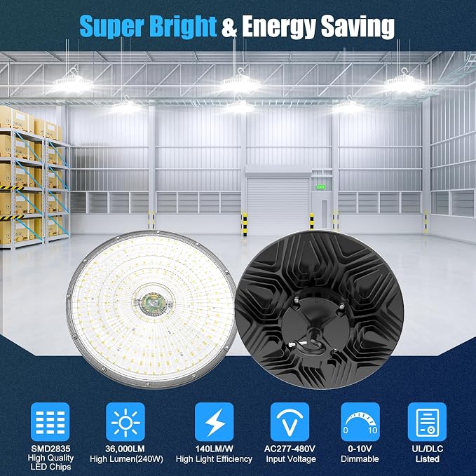 480V High Bay LED Lights 240W 36000LM UL DLC Listed 0-10V Dimmable UFO High Bay - Image 2