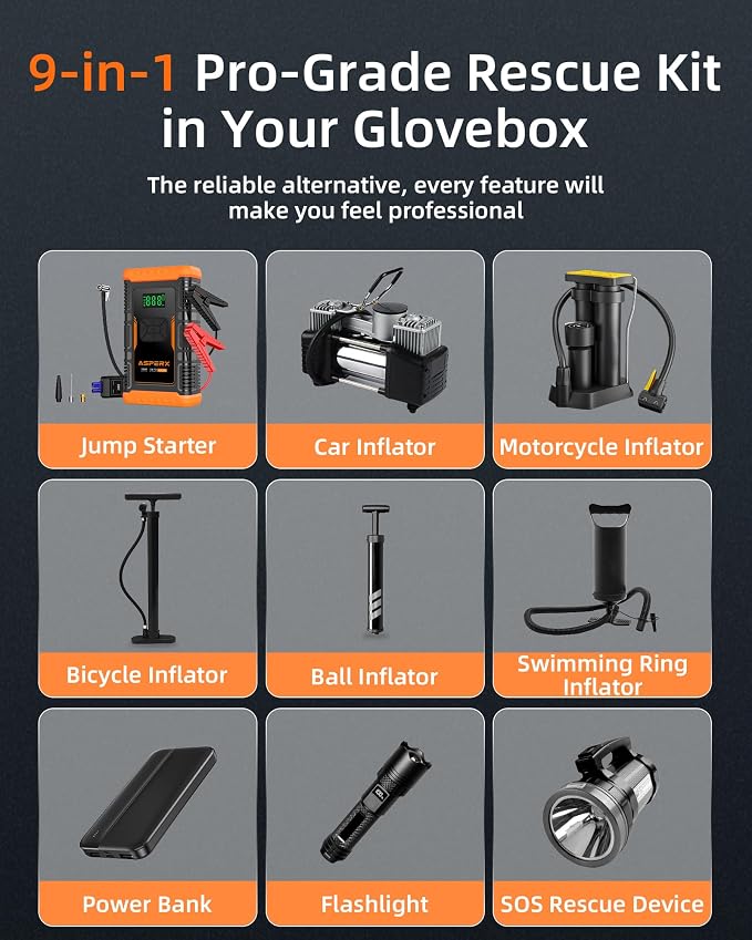 ASPERX Jump Starter with Air Compressor, 【Upgrade & Safety Certs】10L Gas/8L - Image 8