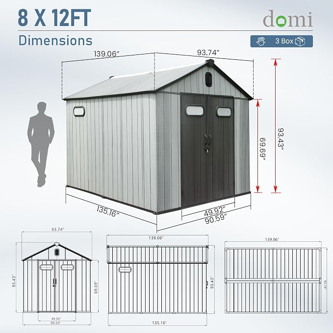 Domi 8x12 FT Outdoor Resin Storage Shed, All-Weather Double-Wall Storage - Image 3