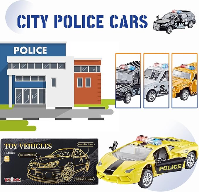 KIDAMI Die Cast Metal Little Toy Cars Set of 5, Openable Doors Pull Back Car - Image 3