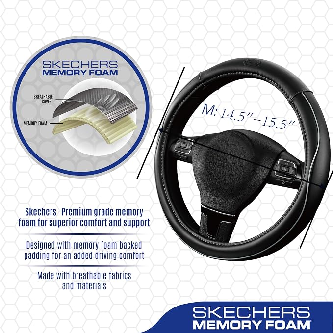Skechers Memory Foam Steering Wheel Cover, Piping Microfiber Leather Steering - Image 3