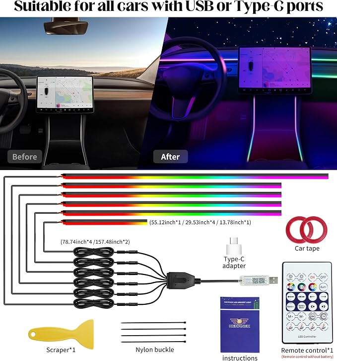 KENANEK Acrylic Interior Car LED Strip, 6 in 1 USB/Type C Interface Colorful - Image 3