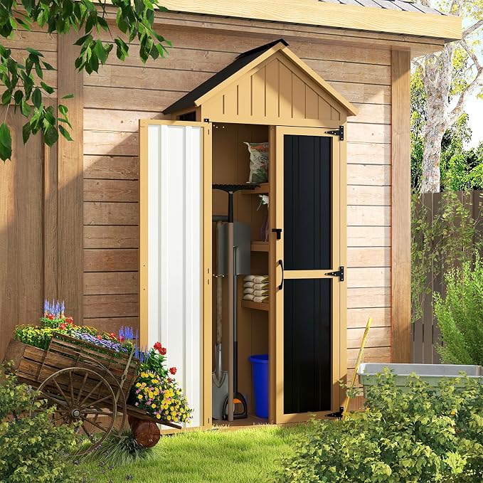 Outdoor Storage Cabinet with Shelf, Wood & Metal Storage Shed with Lockable - Image 7