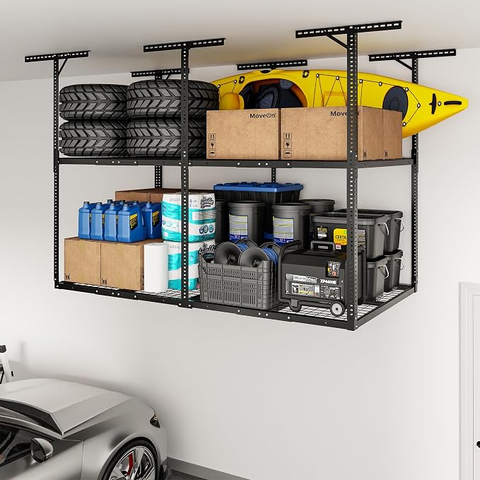 FLEXIMOUNTS 4x8 2-Tier Overhead Garage Storage Rack – Adjustable Heavy Duty by FLEXIMOUNTS