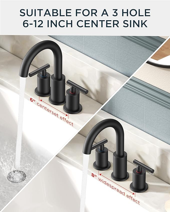 FORIOUS Bathroom Faucets 3 Hole, Matte Black Bathroom Sink Faucet 3 Hole Vanity - Image 6