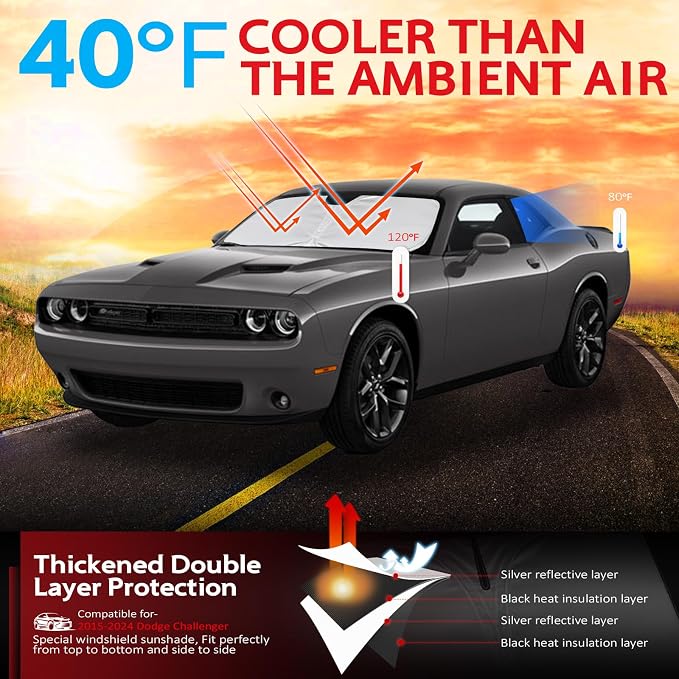 KAYZT Windshield Sun Shade for 2015-2024 Dodge Challenger Foldable Sunshade - Image 2