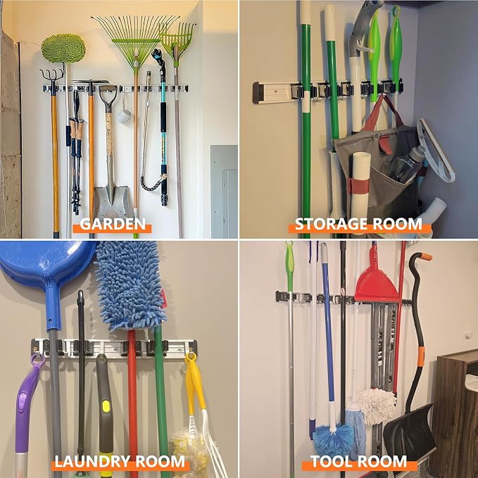 2 Pack Broom Holder Wall Mount Mop and Broom Hanger Wall Mounted Garage Storage - Image 5